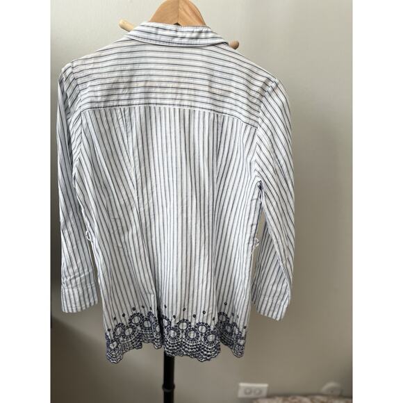 Womens Medium Linen Feel Top Long Sleeves Collared Striped Blue Embroidered - Picture 9 of 12